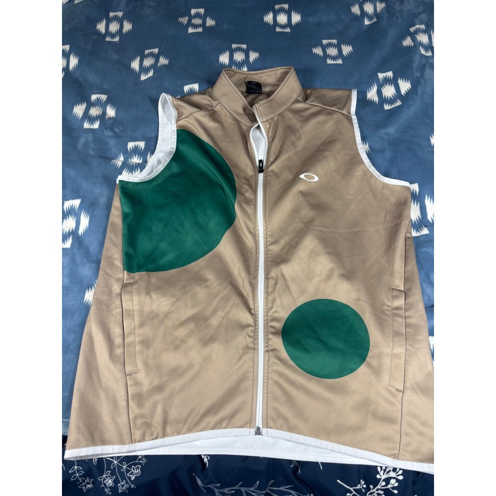 Oakley Mens XL Regular Fit Full Zip Vest Tan Green Colorblock Circle Graphic
